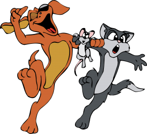 a dancing dog and cat with mouse